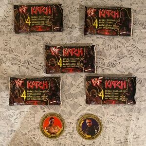 Vintage WWF Wrestling 5 Katch Metal Medallions Packages + 2